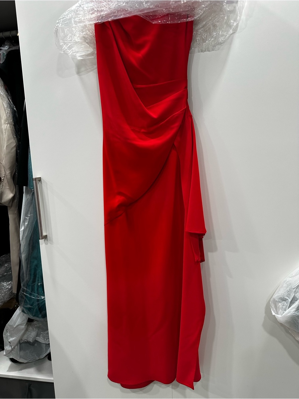Elliatt Strapless Red Draped Satin Gown